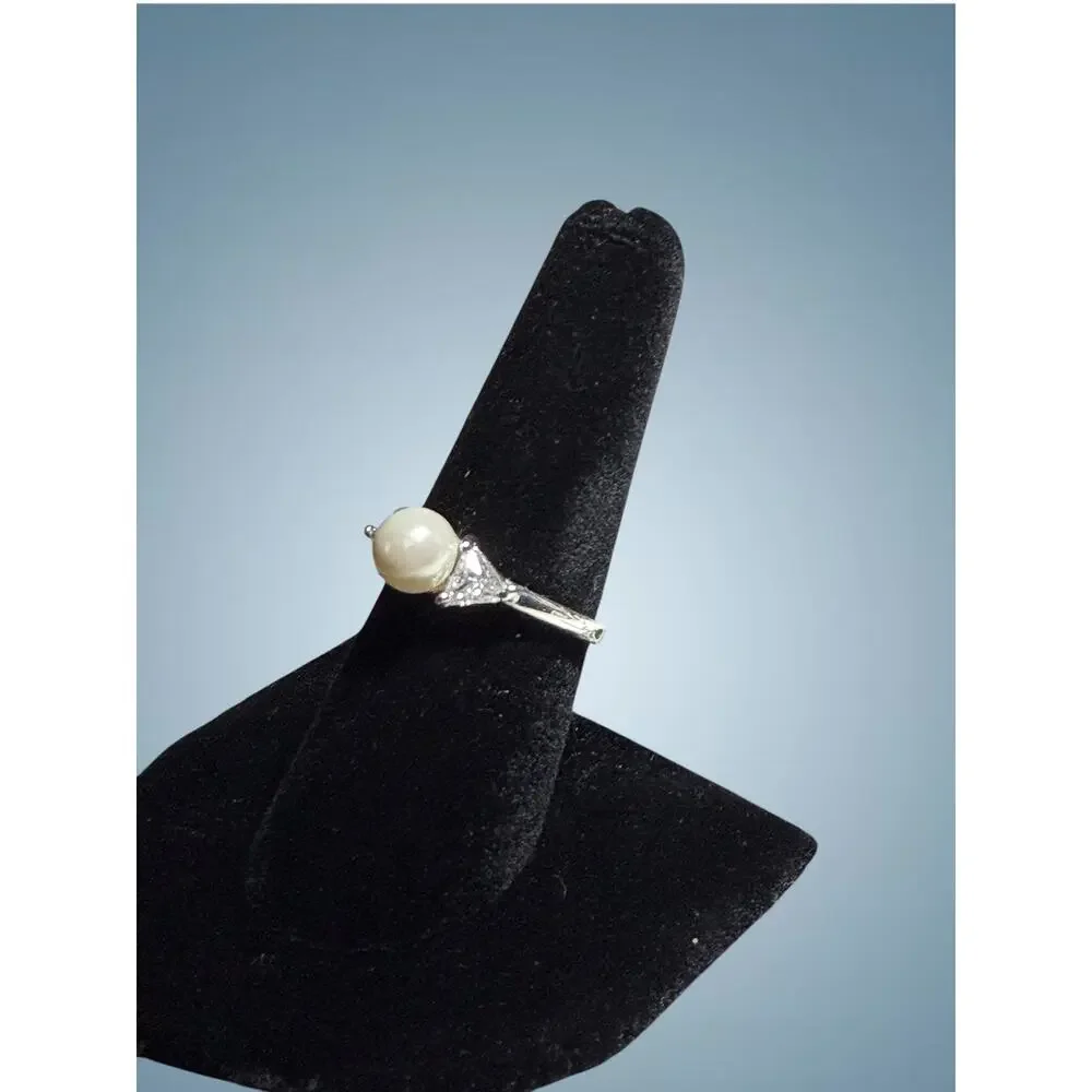 Vintage Faux Pearl CZ Style Ring Silver Tone Bridal Romantic Size 7.75